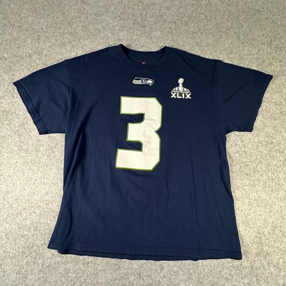Majestic Seattle Seahawks Russell Wilson Super Bowl XLIX T-Shirt Mens XL Blue